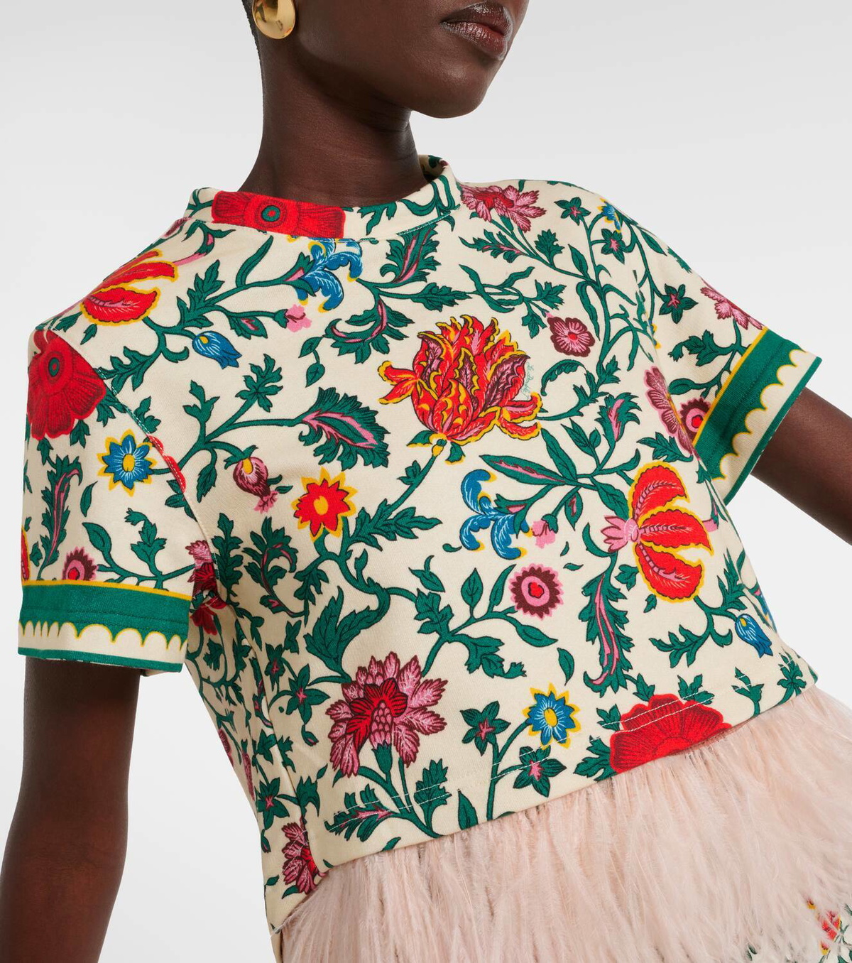 La DoubleJ La Scala feather-trimmed cotton T-shirt