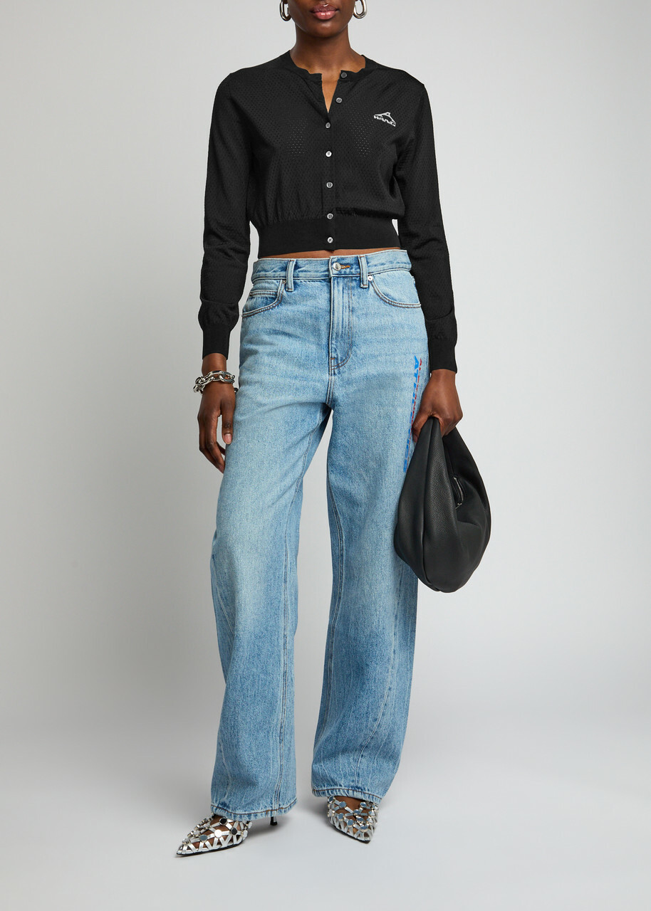 Alexanderwang.t Logo Cropped Perforated Jersey Cardigan Black