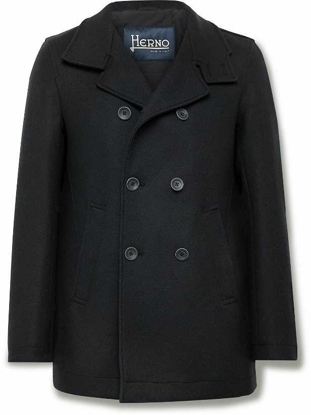Photo: Herno - Double-Breasted Wool-Blend Twill Peacoat - Blue