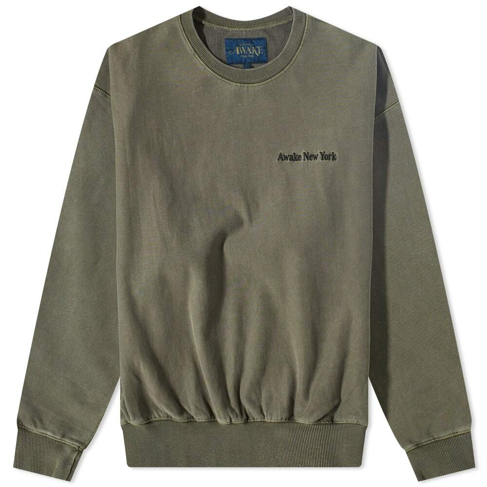 Awake NY Pigment Dyed Embroidered Crew Sweat in Moss Awake NY