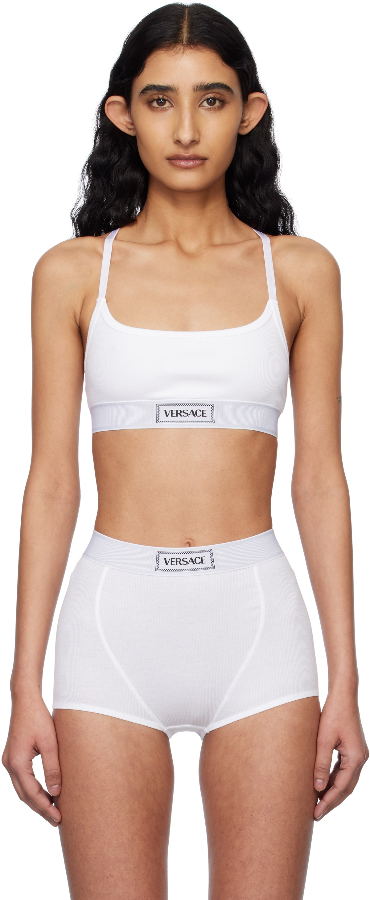 Versace Underwear White 90s Vintage Logo Ribbed Bra