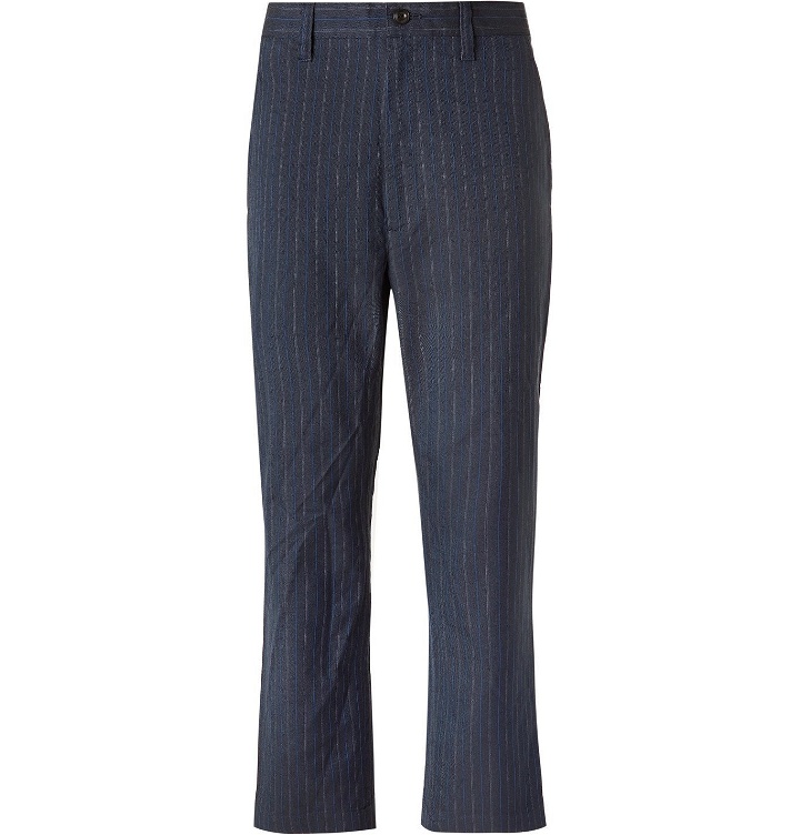 Photo: Junya Watanabe - Garment-Dyed Pinstriped Woven Suit Trousers - Blue