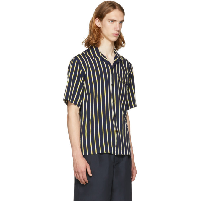 AMI Alexandre Mattiussi Navy and Yellow Stripe Short Sleeve