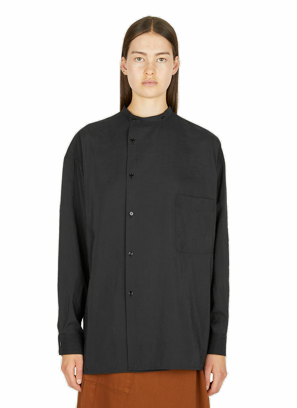 Collarless Button Down Shirt in Black Lemaire