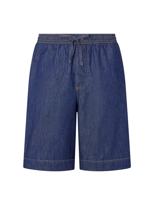 Photo: LOEWE - Wide-Leg Anagram-Detailed Cotton-Chambray Drawstring Shorts - Blue