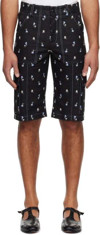 Photo: Anna Sui Black Embroidered Roses Denim Cargo Shorts