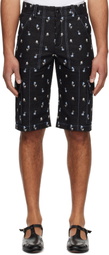 Anna Sui Black Embroidered Roses Denim Cargo Shorts