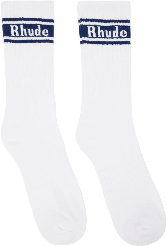 Photo: Rhude White & Navy Stripe Logo Socks