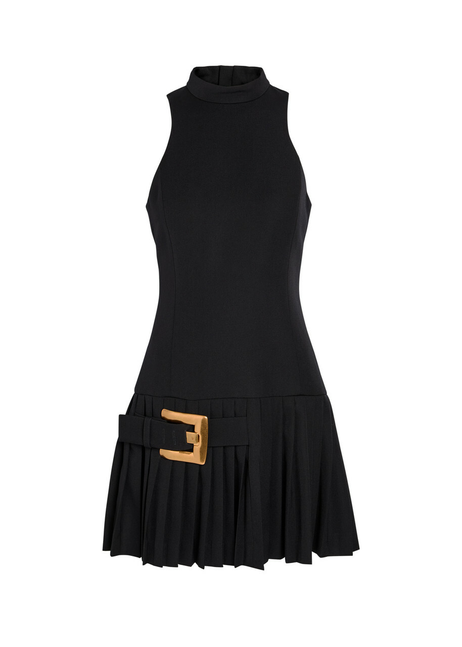 Balmain Belted Pleated Wool Mini Dress Black