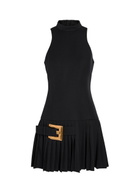 Balmain Belted Pleated Wool Mini Dress Black