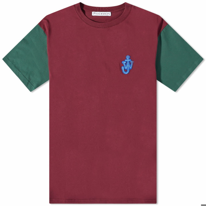 Photo: JW Anderson Men's Anchor Patch Contrast Sleeve T-Shirt in Burgundy/Green