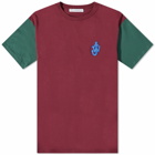 JW Anderson Men's Anchor Patch Contrast Sleeve T-Shirt in Burgundy/Green