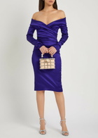 Talbot Runhof Off-the-shoulder Gathered Satin Midi Dress Blue