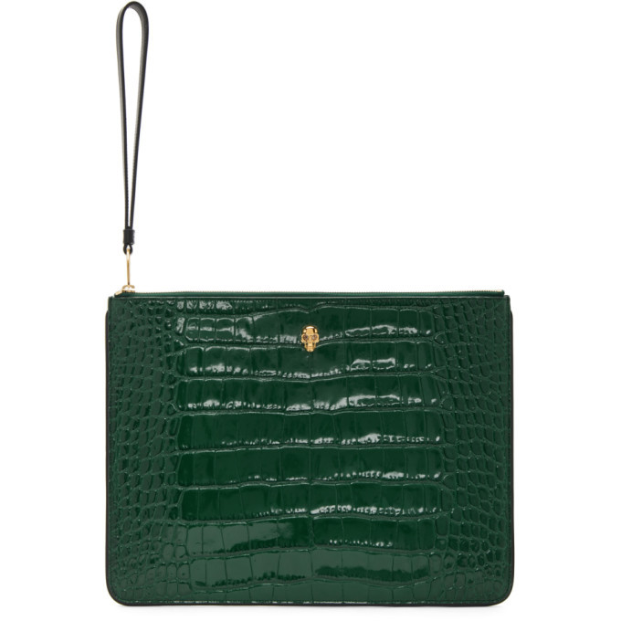 Alexander McQueen Green Croc Skull Zip Pouch Alexander McQueen