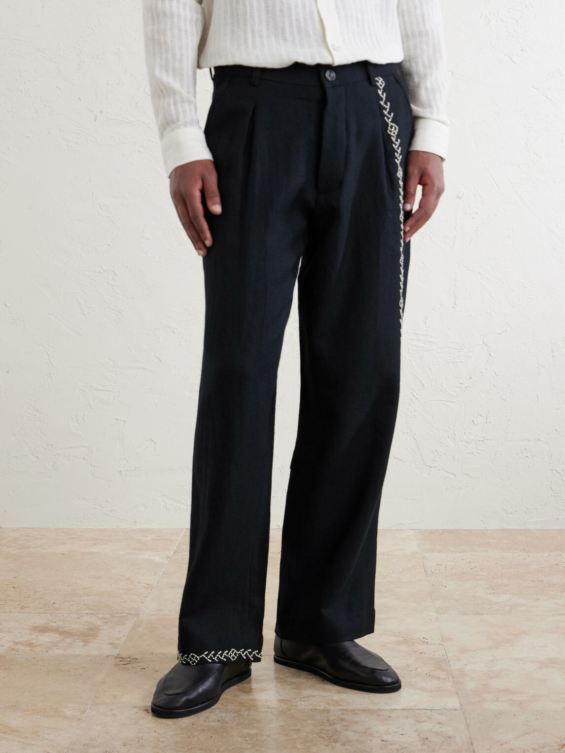 Kartik Research - Straight-Leg Pleated Embroidered Wool Trousers - Black