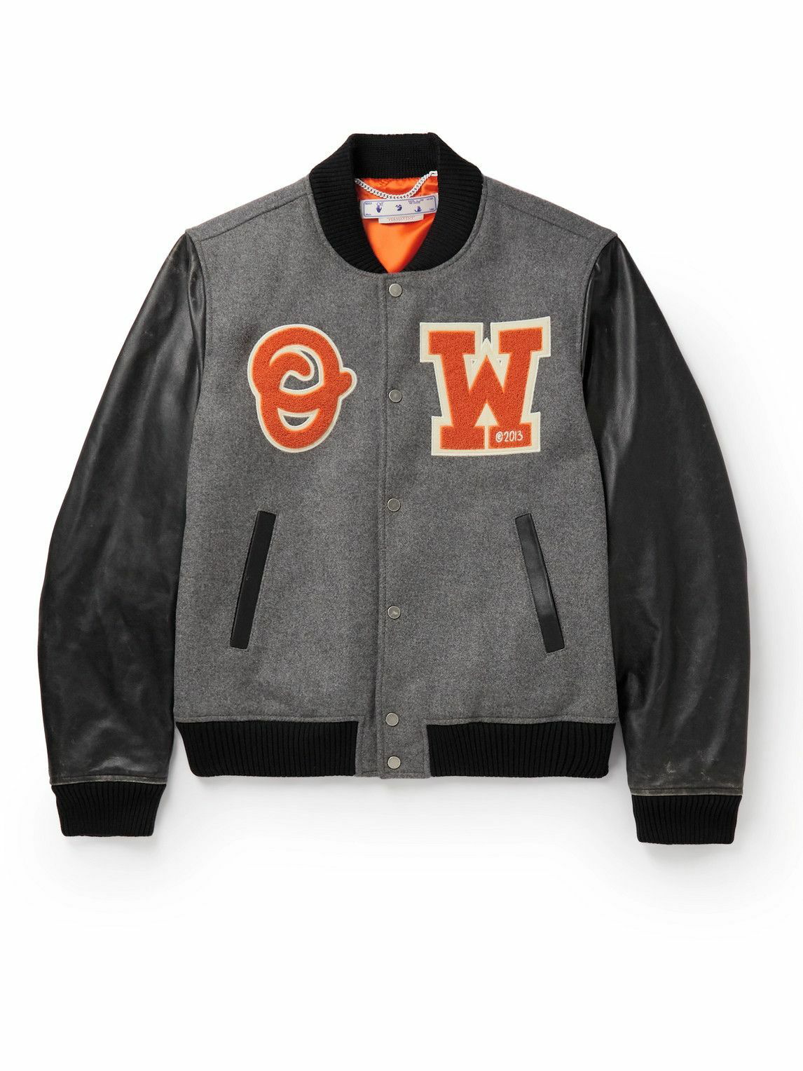 Off-White - Appliquéd Wool-Blend and Leather Varsity Jacket - Gray