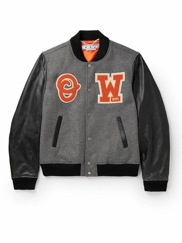 Photo: Off-White - Appliquéd Wool-Blend and Leather Varsity Jacket - Gray