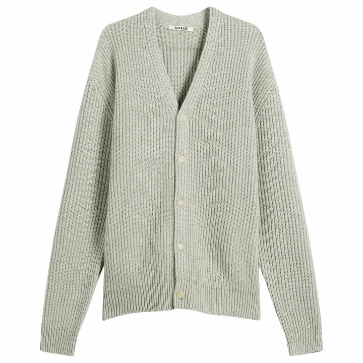 Photo: Auralee Men's Cashmere Silk Melange Knit Cardigan in Mix Mint Gray