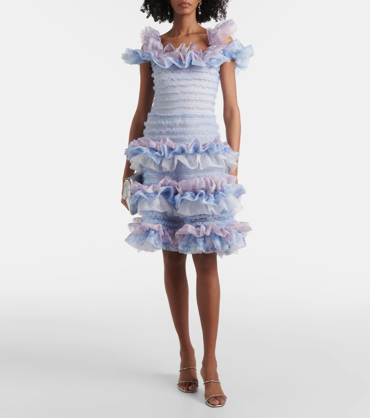 Susan Fang Printed smocked ruffled minidress