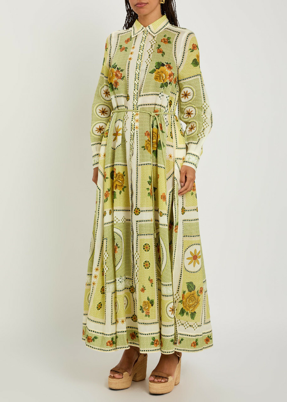 Alemais Dixie Printed Ramie Maxi Shirt Dress Yellow