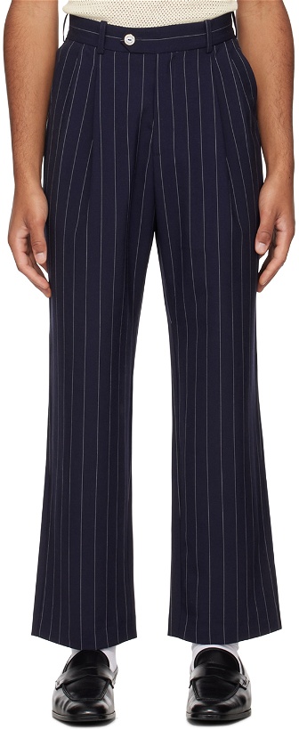 Photo: Late Checkout Navy Pinstripe Trousers