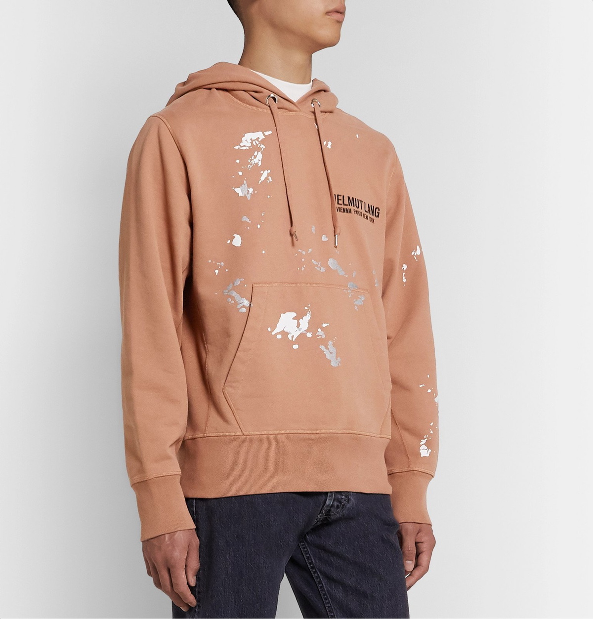 HELMUT LANG 本人期　ベージュ フード付きパーカー Helmut Lang - Printed Logo-Embroidered Fleece-Back Cotton-Jersey
