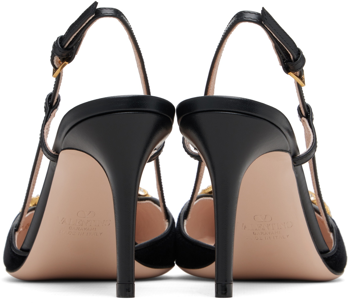VLTN VLOGO SIGNATURE ROUND-TOE HEELS 25S IN BLACK LAMBSKIN SNAKE-EMBOSSED
