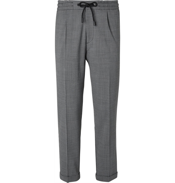 Photo: Hugo Boss - Kirio Slim-Fit Tapered Pleated Houndstooth Woven Drawstring Trousers - Gray