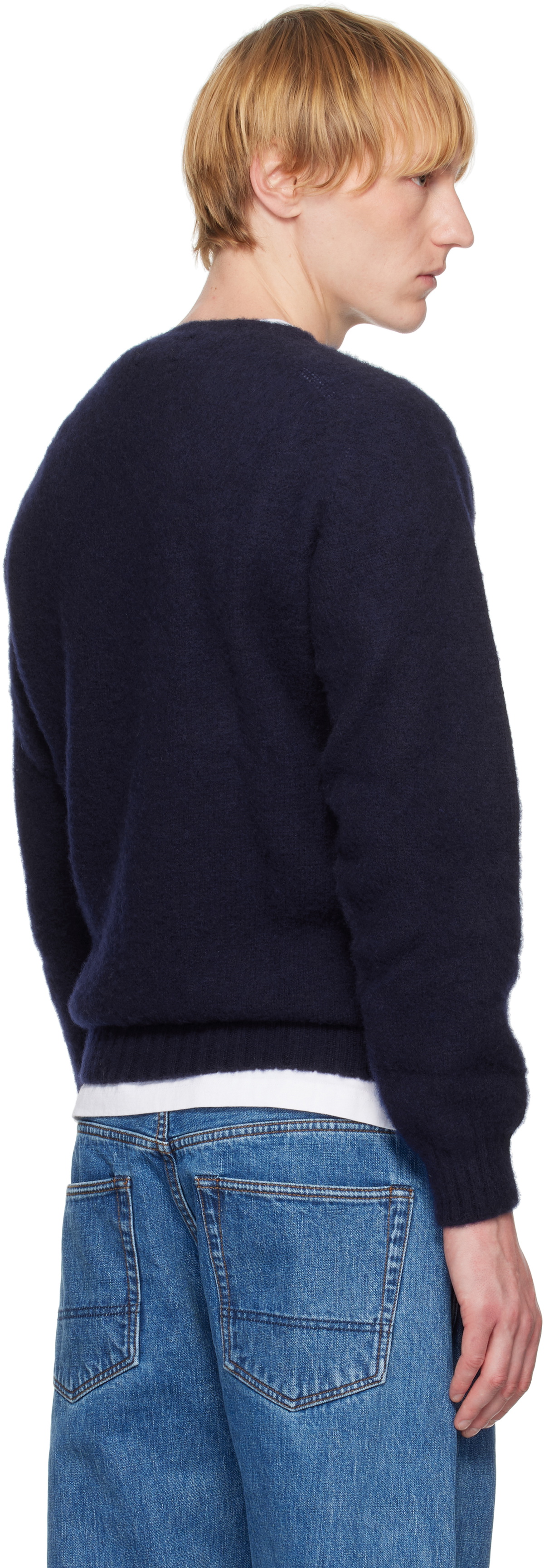 Drake's Navy Brushed Shetland Crew Neck Sweater