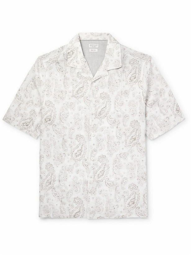 Photo: Brunello Cucinelli - Camp-Collar Paisley-Print Linen Shirt - White