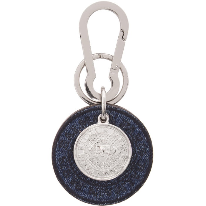 Photo: Balmain Silver and Blue Denim Jewels Icon Keychain 