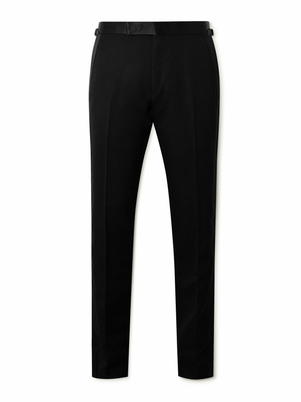 Photo: TOM FORD - Straight-Leg Pleated Satin-Trimmed Grain De Poudre Wool and Mohair-Blend Tuxedo Trousers - Black