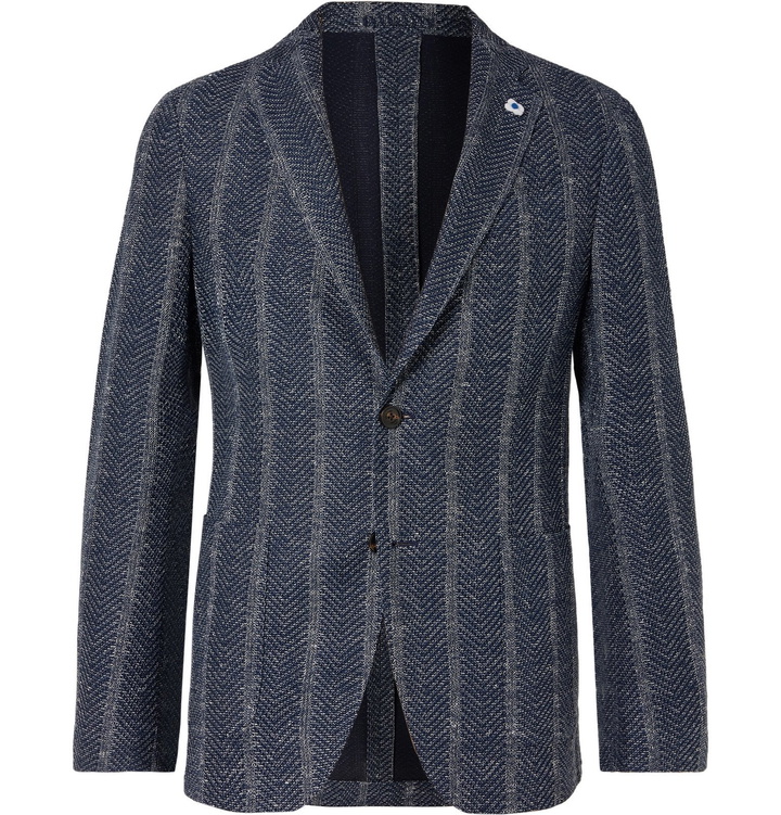 Photo: Lardini - Slim-Fit Unstructured Striped Herringbone Cotton-Blend Blazer - Blue