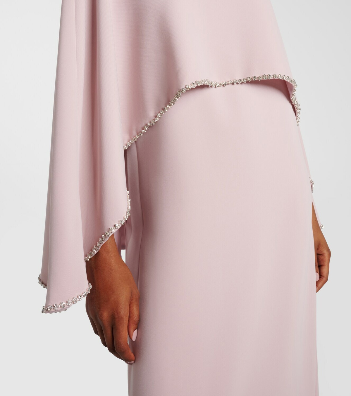 Costarellos Crystal-embellished caped gown