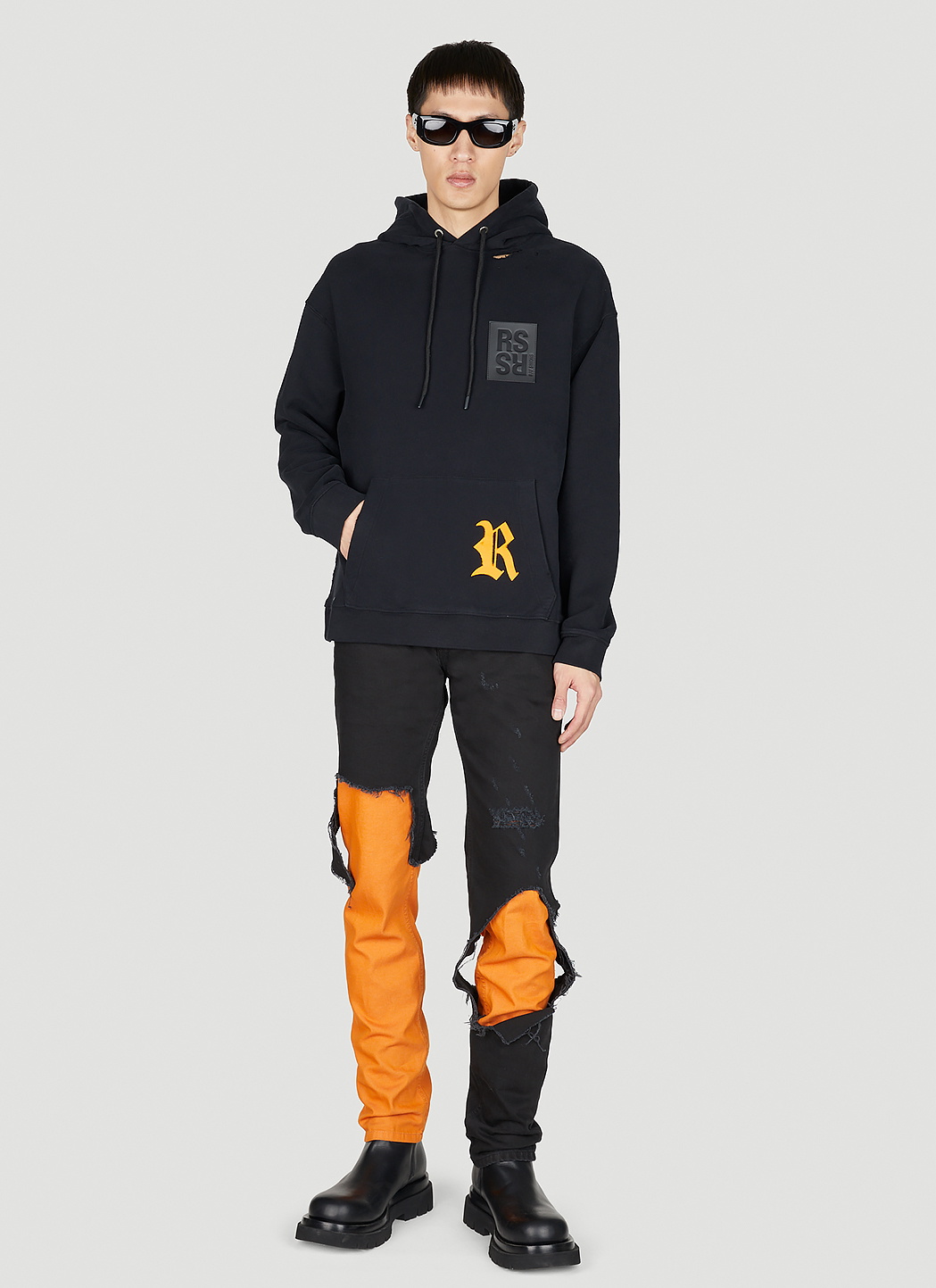 Raf Simons Destroyed Logo Patch Hooded Sweatshirt