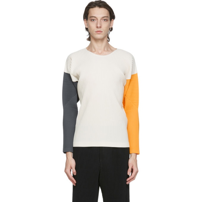 Photo: Homme Plisse Issey Miyake Beige Pleated Tricolor Quartet Long Sleeve T-Shirt