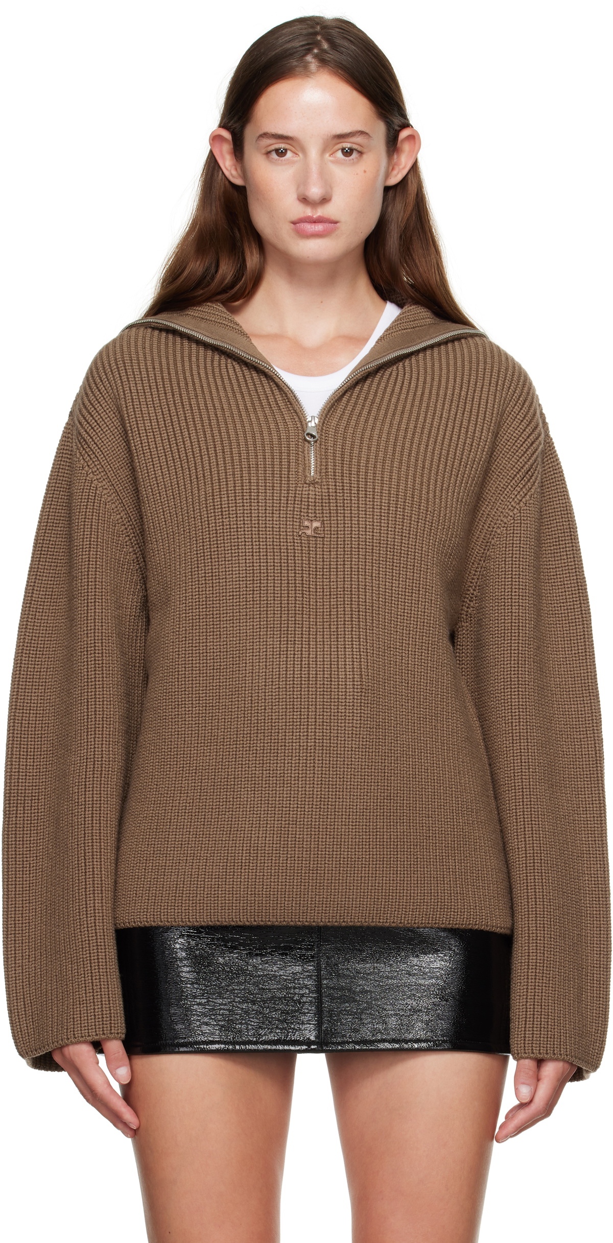Courrèges Brown Ribbed Wool Trucker Sweater