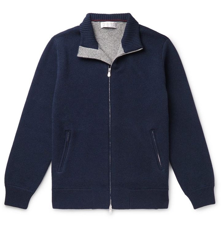 Photo: Brunello Cucinelli - Slim-Fit Wool-Blend Zip-Up Cardigan - Navy