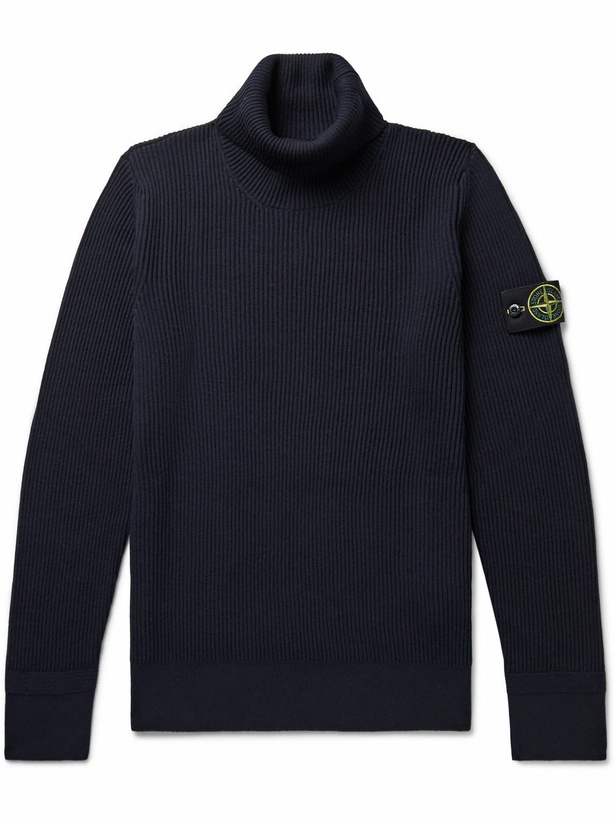 Photo: Stone Island - Logo-Appliquéd Ribbed Wool Rollneck Sweater - Blue