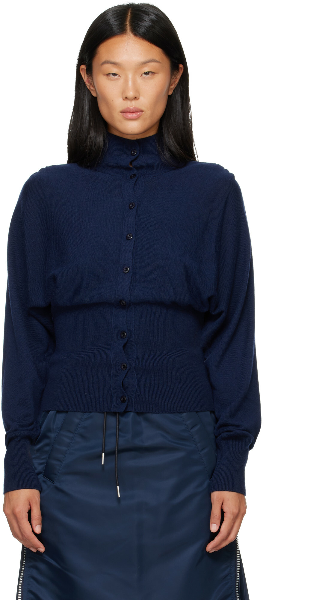 OPEN YY Navy Button Up Blouson Cardigan