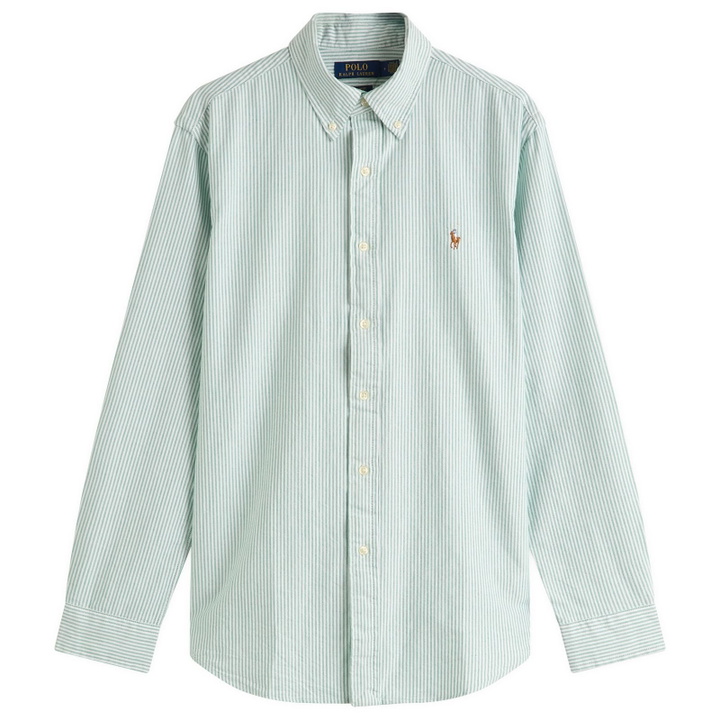 Photo: Polo Ralph Lauren Men's Button Down Stripe Oxford Shirt in Hillside Green/White