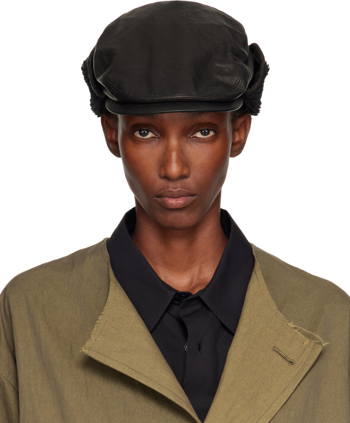 Y's Black Soft Leather Ear Muff Cap