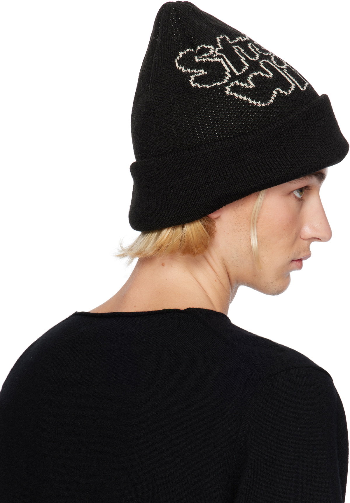 Comme des Garçons Shirt Black Jacquard Knit 'STRONG WILL' Beanie