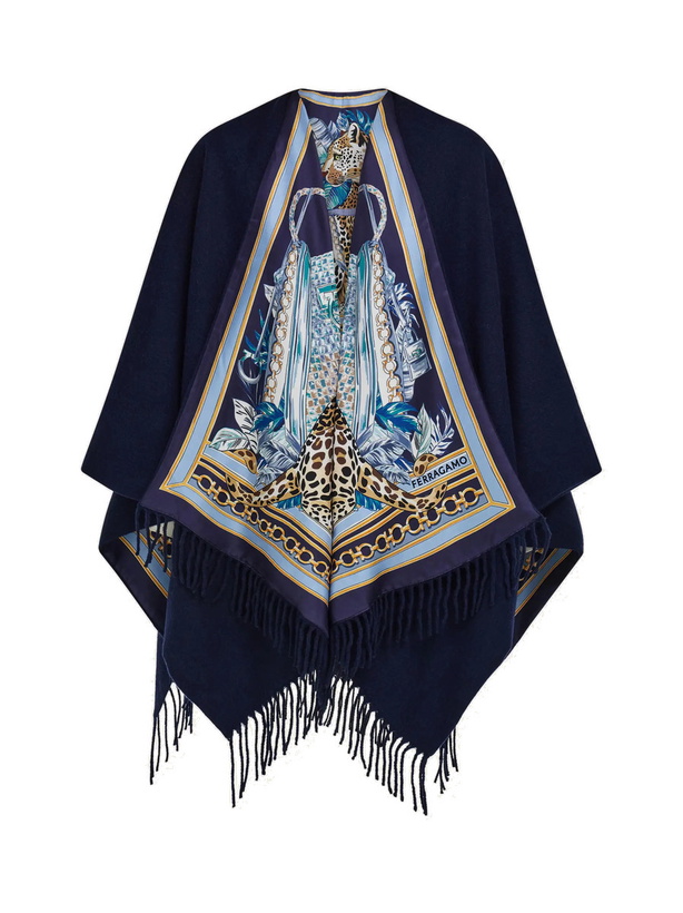 Photo: Ferragamo Womens Feline print cashmere and silk reversible cape in Blue