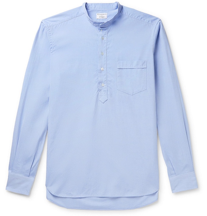 Photo: Kingsman - Grandad-Collar Washed Cotton Oxford Half-Placket Shirt - Blue