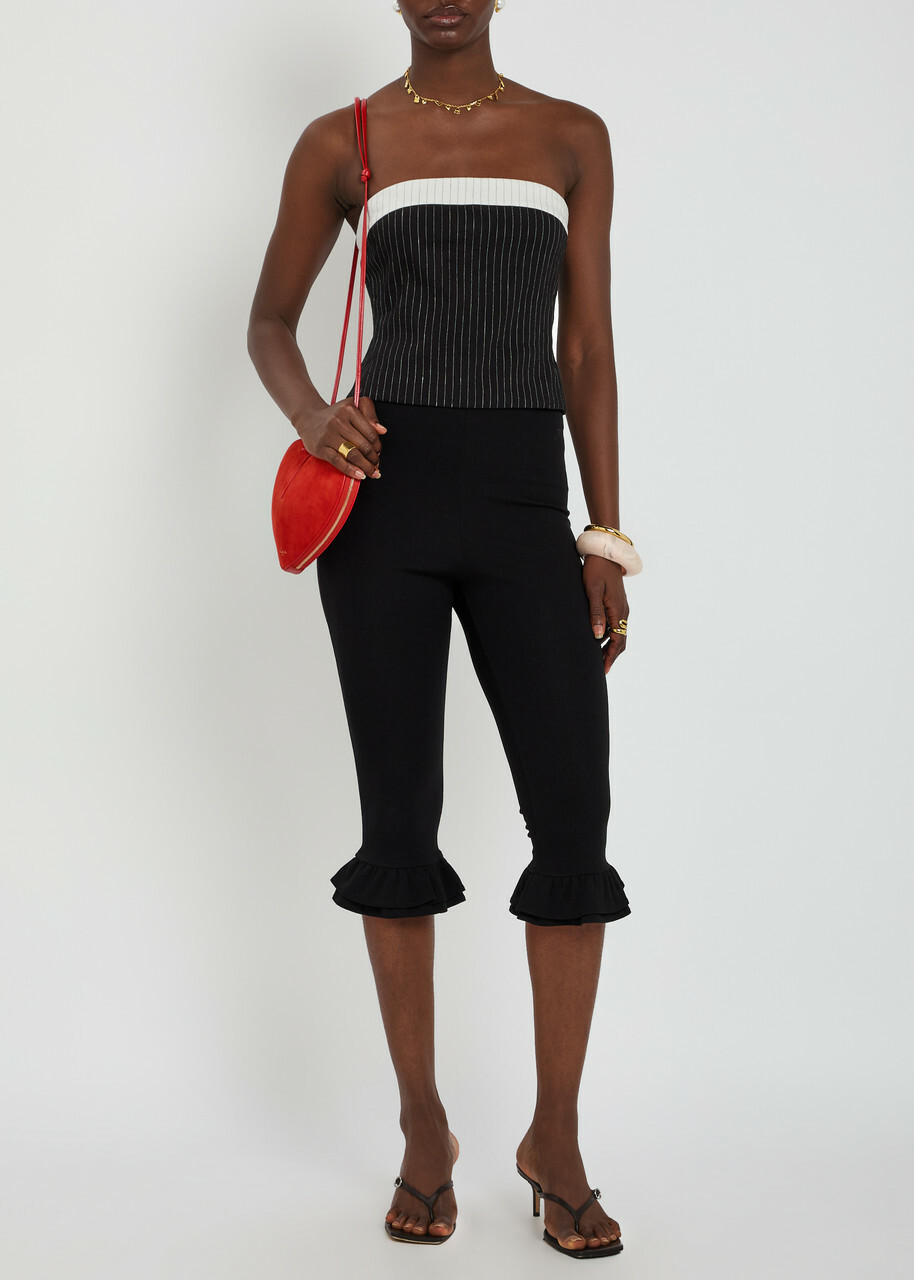Alice + Olivia Kelly Pinstriped Strapless Linen-blend top Black And White
