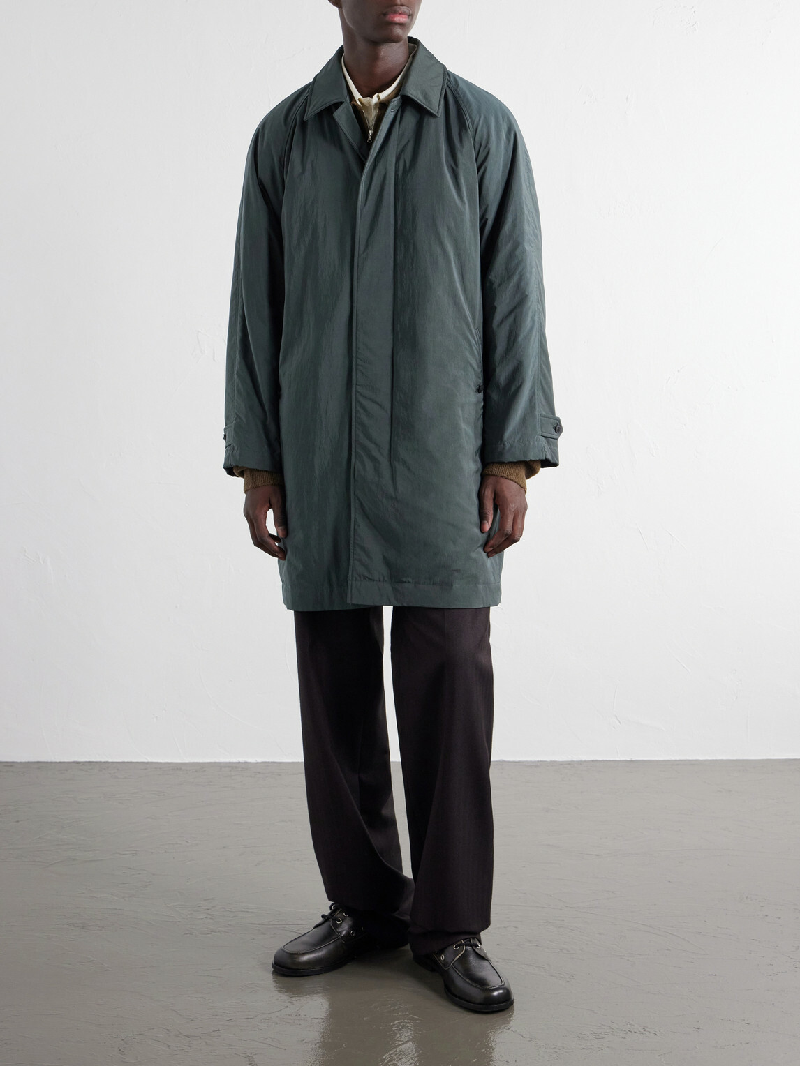 ATON - Balmacaan Padded Satin Coat - Green
