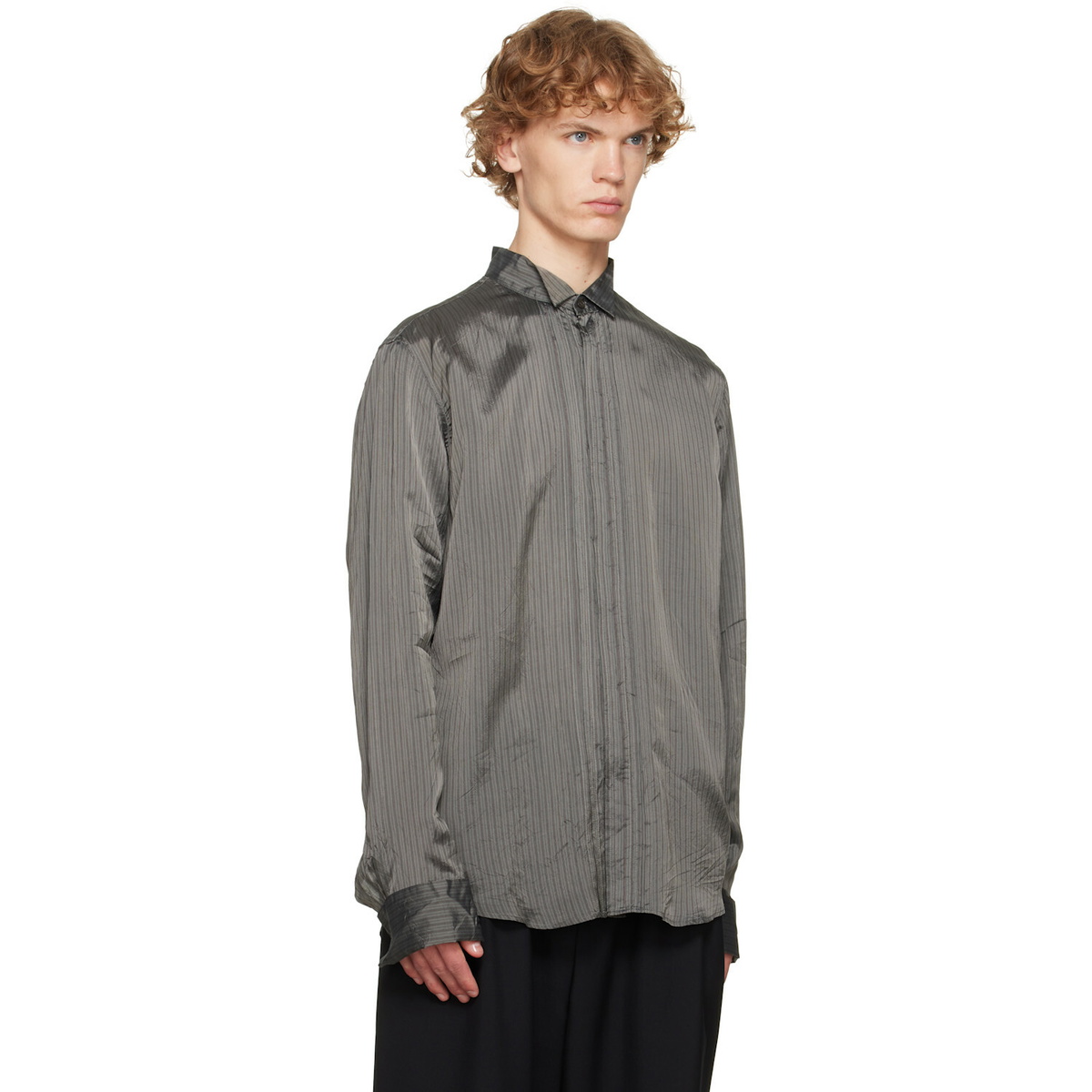 Dries Van Noten Gray & Burgundy Pinstripe Shirt