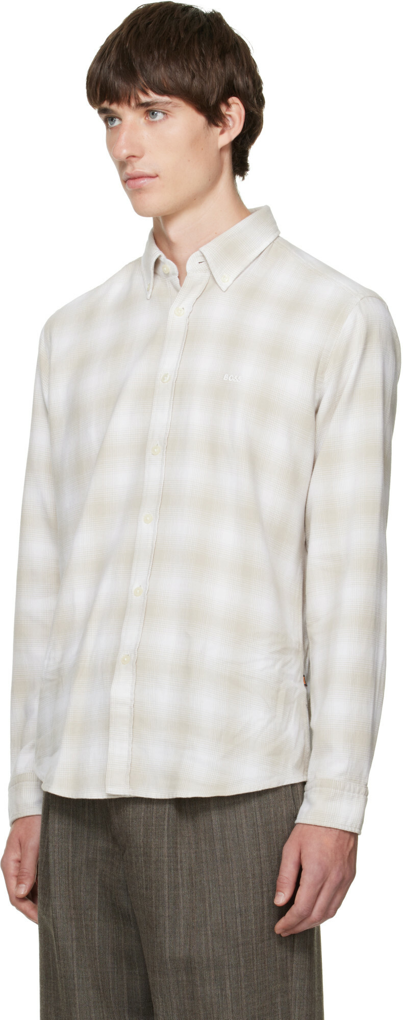 BOSS Beige Regular-Fit Button-Down Check Flannel Shirt