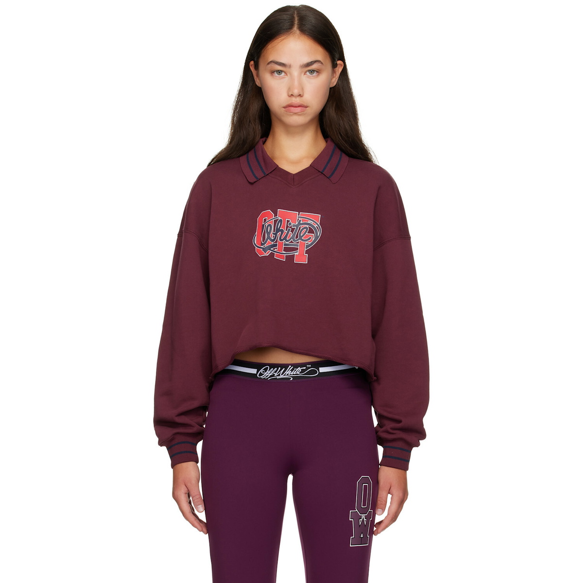 Off-White Burgundy 'Off' College Crop Polo Sweatshirt
